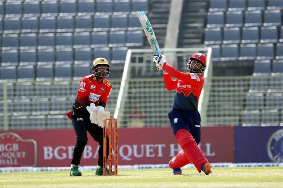 Shakib Al Hasan (right) of Fortune Barishal plays a shot, while wicketkeeper Liton Das of Comilla Victorians looks on in their match of the Bangabandhu Bangladesh Premier League Cricket at Sylhet International Cricket Stadium on Monday. Agency photo