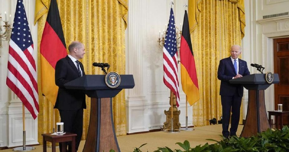 President Joe Biden speaks during a joint news conference with German Chancellor Olaf Scholz in the East Room of the White House, Monday, Feb. 7, 2022, in Washington.