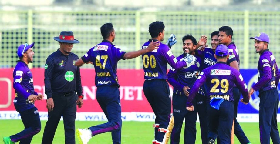 Players of Chattogram Challengers celebrate after beating Minister Group Dhaka in their match of the Bangabandhu Bangladesh Premier League Cricket at Sylhet International Cricket Stadium on Tuesday. Agency photo