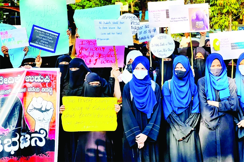 Protest in Udupi district attended by the six girls who first protested against the hijab ban.