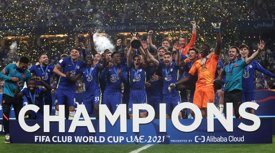 Chelsea's players celebrate after winning the 2021 FIFA Club World Cup final football match against Brazil's Palmeiras at Mohammed Bin Zayed stadium in Abu Dhabi on Saturday. Agency photo