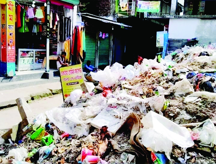 HOSSAINPUR (Kishoreganj): Serious environment pollution occurs as garbage spreads in different areas of Hossainpur Municipality of Kishoreganj . This picture was taken on Monday.