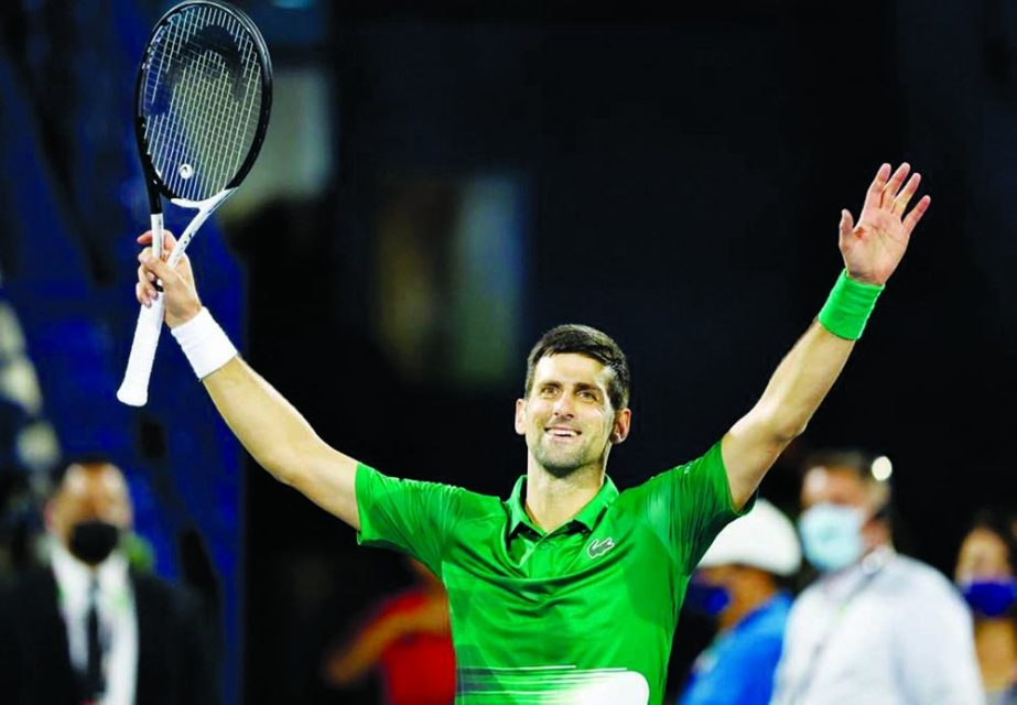 Novak Djokovic of Serbia celebrates after winning the ATP Dubai Duty Free Tennis Championship round of 32 match against Lorenzo Musetti of Italy in the Gulf emirate of Dubai on Monday. Agency photo