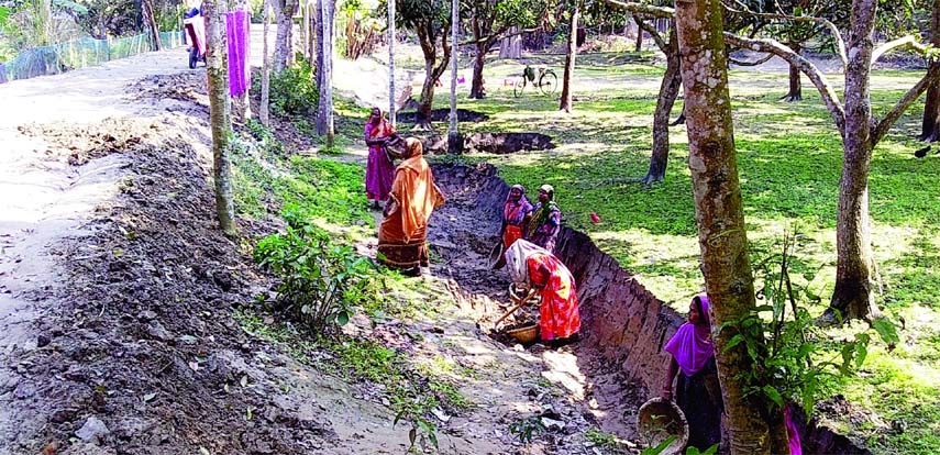 CHATMOHAR (Pabna): Poor women are seen working under EGPP employment projects at Chatmohar Upazila. This snap was taken from Tabarai area of Horipur Union on Thursday.