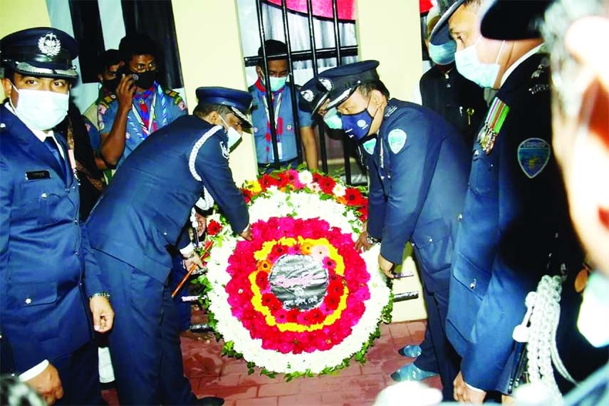 FENI: District Poliec Super Mohammad Abdullah- Al -Mamun with high officials of Bangladesh Police places wreath at Feni Shaheed Minar on behalf of Police Administration on the occasion of the International Mother Language Day on Monday.