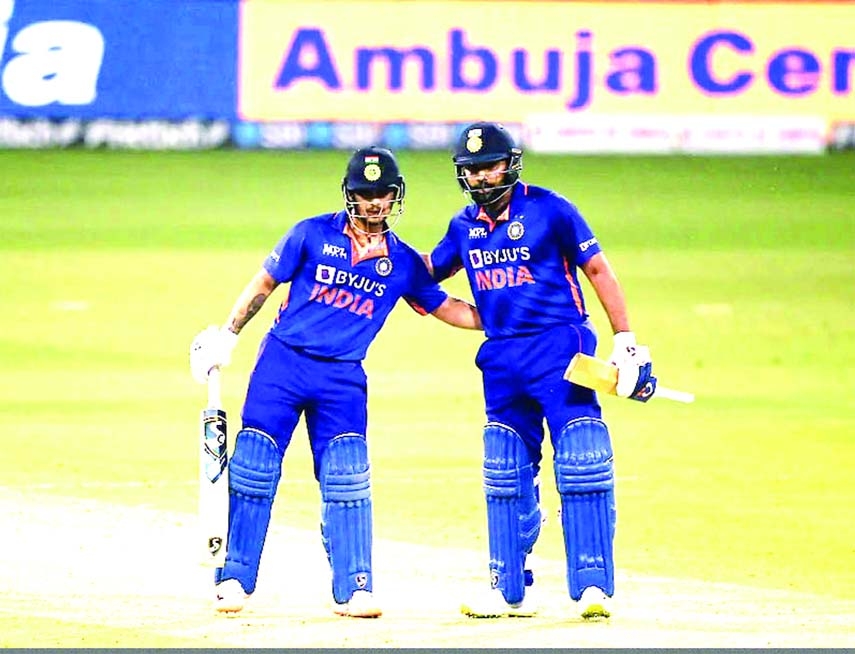 Ishan Kishan (left) and Rohit Sharma of India in action against Sri Lanka during the first Twenty20 International match in Lucknow on Thursday.