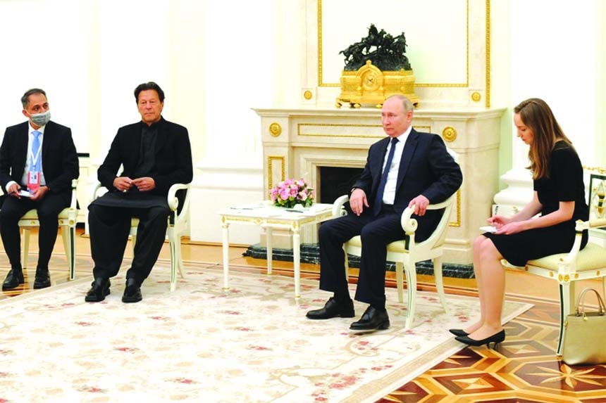 Russian President Vladimir Putin attends a meeting with Pakistan's Prime Minister Imran Khan in Moscow, Russia.