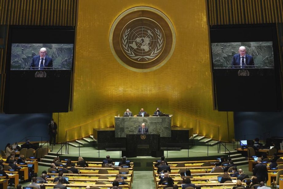 Russia's UN Ambassador Vasily Nebenzya addresses the emergency session of the United Nations General Assembly, Monday, Feb. 28, 2022.