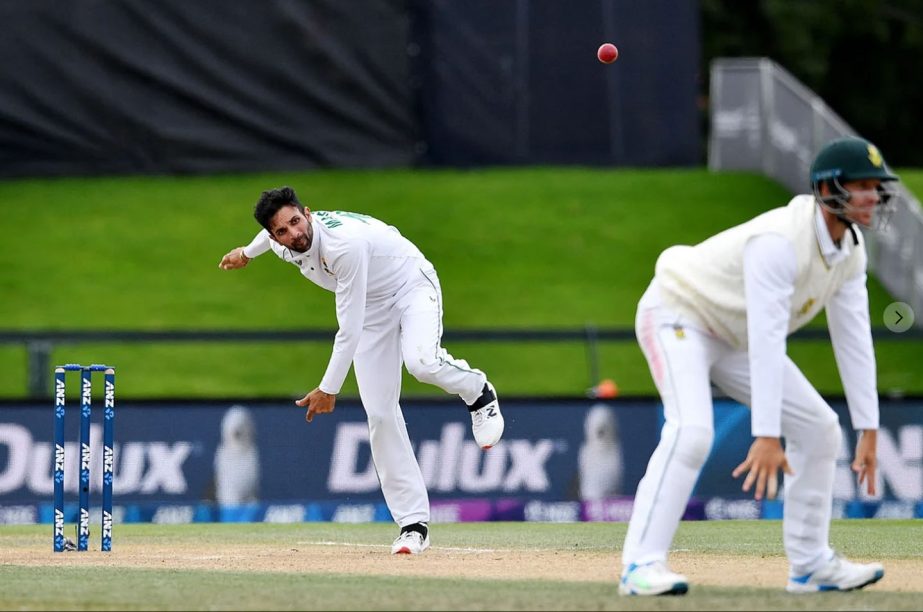South Africa's Keshav Maharaj (left) bowls on day five of the second cricket Test match against New Zealand at Hagley Oval in Christchurch on Tuesday. Agency photo