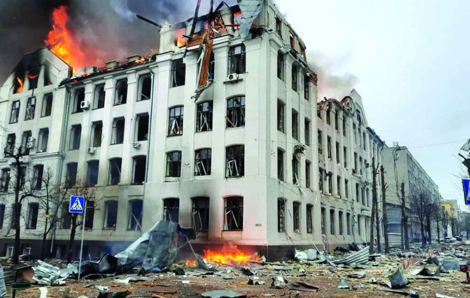 The scene of a fire at the economy department building of Karazin Kharkiv National University, allegedly hit during recent shelling by Russia on Wednesday. Agency photo
