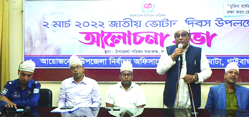 SAGHATA (Gaibandha): Jahangir Kabir, Chairman, Saghata Upazila Parishad speaks at a discussion meeting as the Chief Guest in observance of the National Voters' Day at Upazila Parishad Meeting Room on Wednesday.