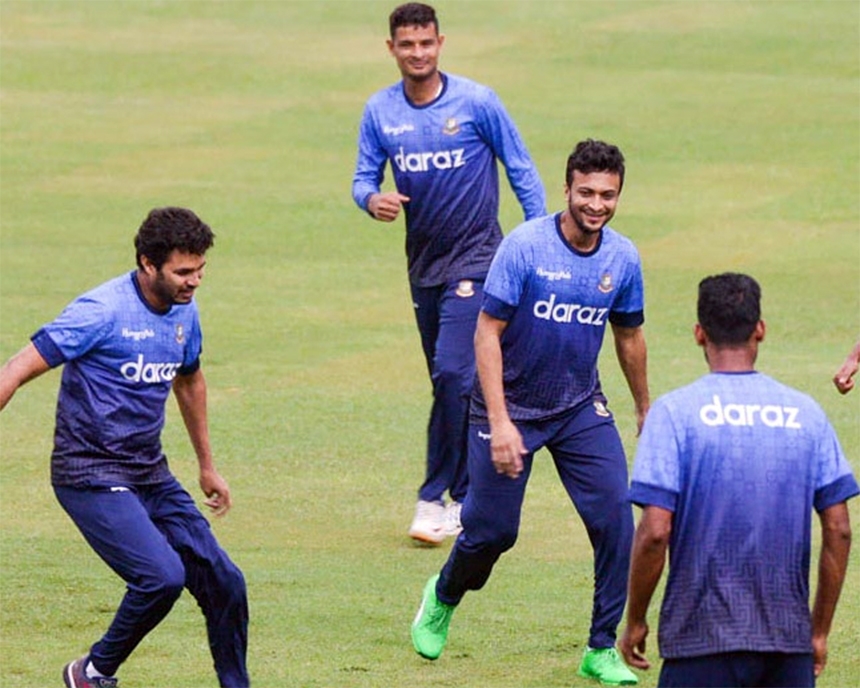 Players of Bangladesh Cricket team during their practice session at the Sher-e-Bangla National Cricket Stadium in the city's Mirpur on Friday.