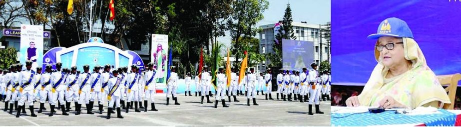 Prime Minister Sheikh Hasina addresses the 'Mujib Barsho Passing-out Parade' of the 41st Batch of Marine Fisheries Academy in Chattogram virtually from Ganobhaban on Sunday. PID photo