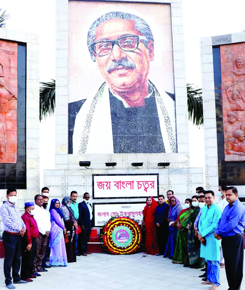 MYMENSINGH: On behalf of Mayor Md. Ekramul Haque Titu, Secretary Rajib Kumar Sarkar, Councillors and officials place wreaths at the Circuit House premises in Joybangla Chattar marking the March 7 on Monday.