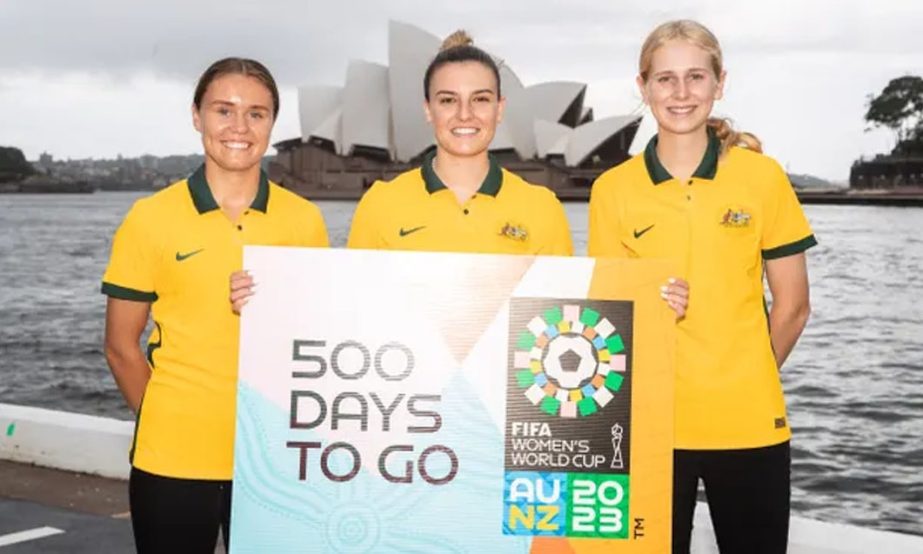 (From left to right) Matildas Chloe Logarzo, Bryleeh Henry and Young Matilda Hana Lowry in Sydney to mark 500 days to go until the FIFA Women's World Cup in Australia and New Zealand on Monday. Agency photo
