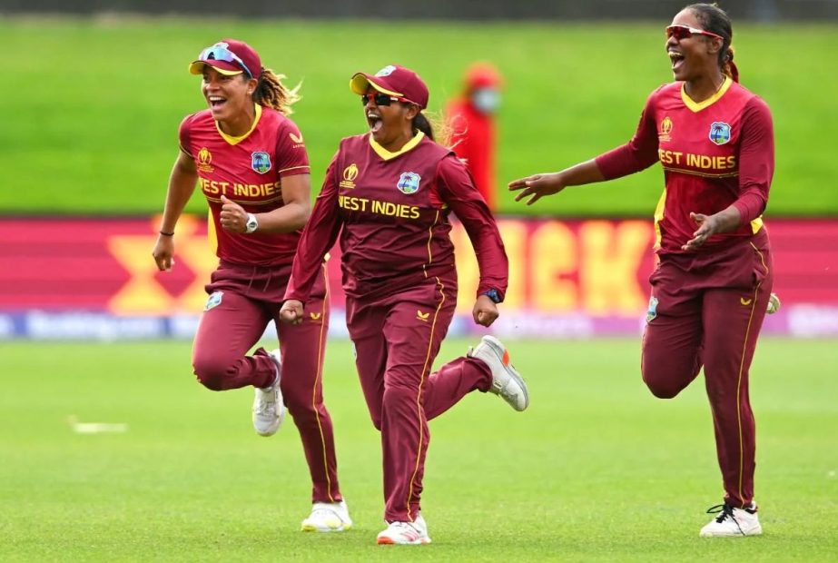 Player's of West Indies Women's team celebrate after winning the match of the ICC Women's World Cup against England Women's team at University Oval in Dunedin on Wednesday. Agency photo