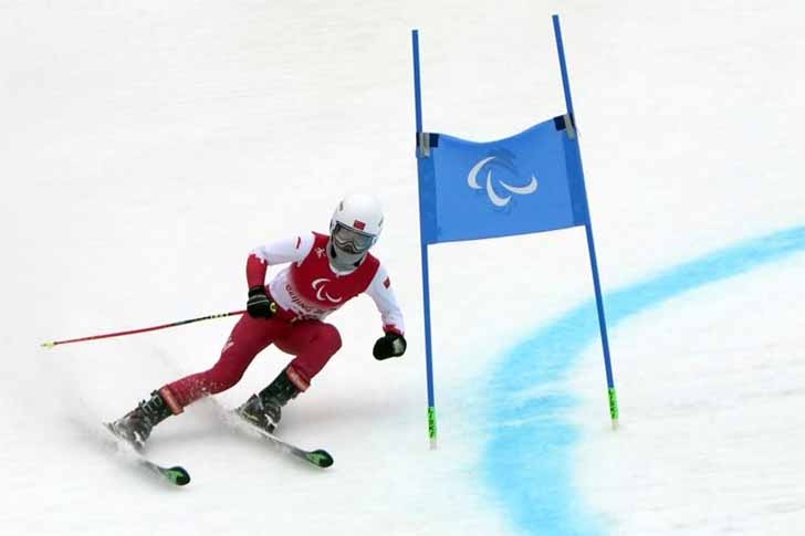 Zhang Mengqiu of China, competes in the women's giant slalom at the Beijing 2022 Winter Paralympics in the Yanqing district of Beijing on Friday.