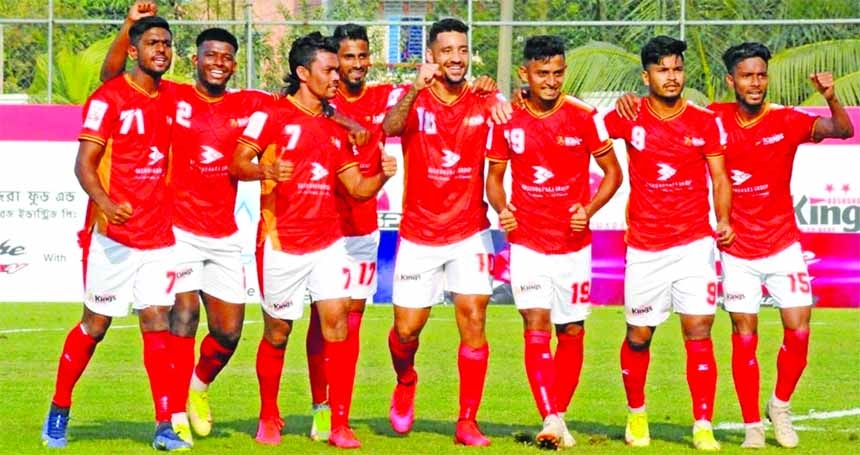 Players of Bashundhara Kings celebrate after beating Chittagong Abahani Limited in their match of the TVS Bangladesh Premier League Football at Bashundhara Sports Complex in the city on Friday.