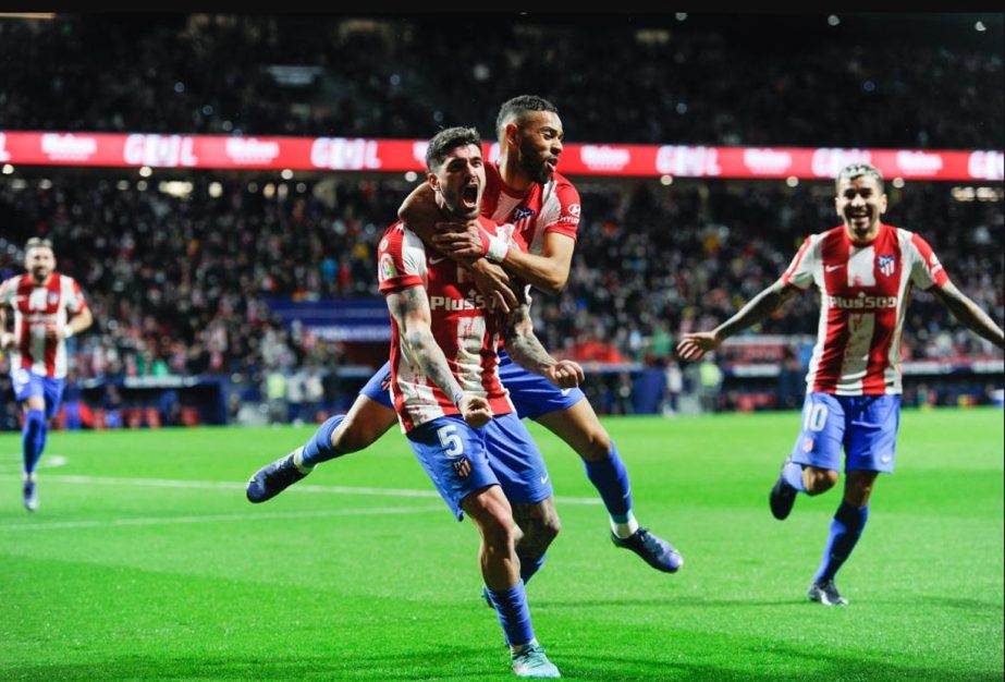 Atletico de Madrid's Rodrigo de Paul (front) celebrates his goal during the La Liga match between Atletico de Madrid and Cadiz CF in Madrid, Spain on Friday. Agency photo