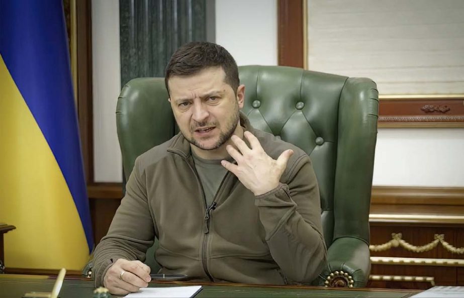 In this image from video provided by the Ukrainian Presidential Press Office and posted on Facebook early Saturday, March 12, 2022, Ukrainian President Volodymyr Zelenskyy speaks in Kyiv, Ukraine.