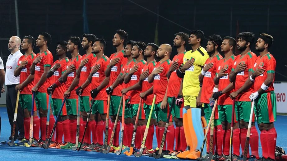Bangladesh Hockey team are seen before the match of the AHF Cup Hockey against Indonesia, at Jakarta recently. Agency photo