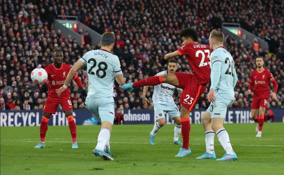 Liverpool's Luis Diaz shoots during the EPL football match against Brighton at Old Trafford in Manchester, North West England on Saturday. Agency photo