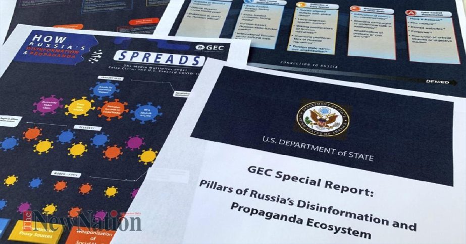 Pages from the U.S. State Department's Global Engagement Center report released on Aug. 5, 2020, are seen in this photo.