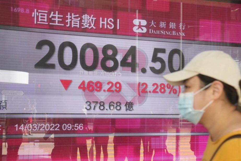 A woman wearing a face mask walks past a bank's electronic board showing the Hong Kong share index in Hong Kong, Monday, March 14, 2022.