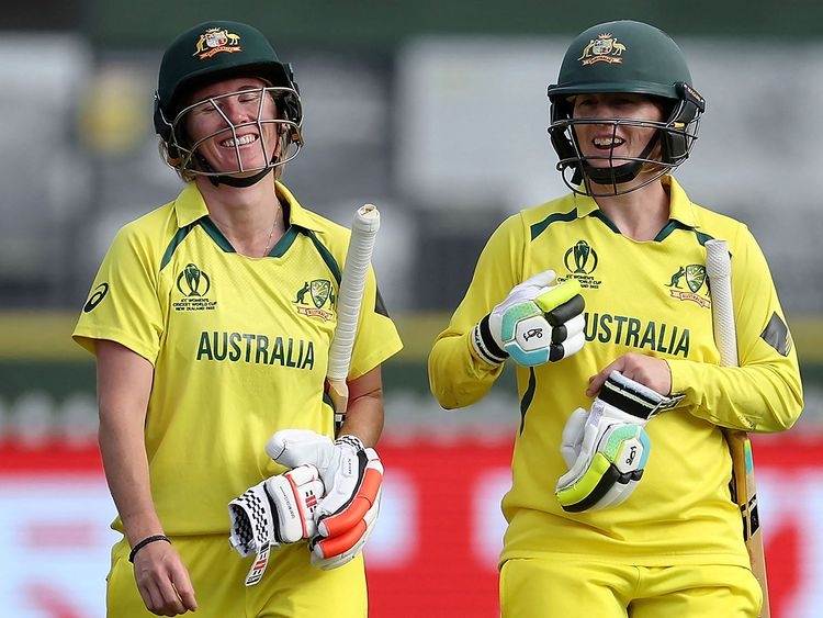 Australia's topscorer Rachael Haynes (right) and Beth Mooney walk away after their win over West Indies during the ICC Women's World Cup match at the Basin reserve in Wellington on Tuesday. Agency photo
