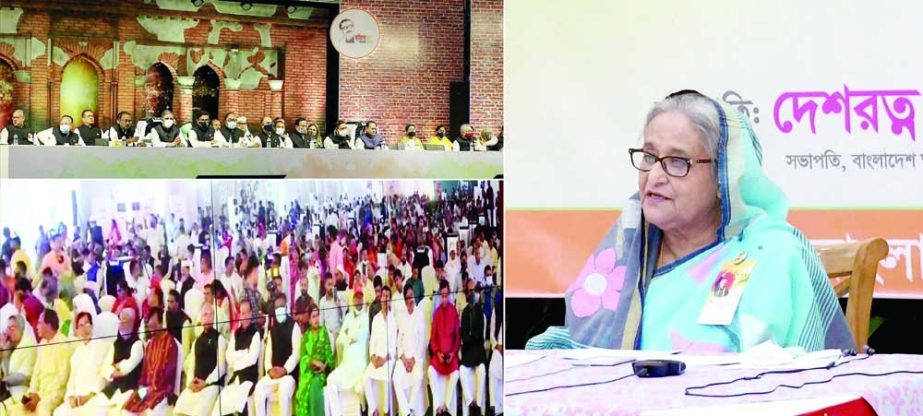 Prime Minister Sheikh Hasina speaks at a discussion marking Bangabandhu's birth anniversary and National Children's Day on the premises of Bangabandhu's Mausoleum in Tungipara through video conference from Ganobhaban on Friday. PID photo