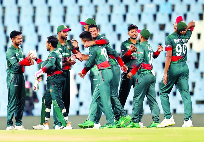 Bangladesh players celebrate their victory over South Africa after their first one-day international (ODI) cricket match at SuperSport Park in Centurion on Friday.