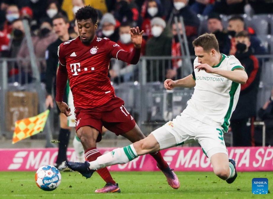 Kingsley Coman (left) of Bayern Munich vies with Paul Jaeckel of Union Berlin during a German Bundesliga match between Bayern Munich and 1.FC Union Berlin in Munich, Germany on Saturday. Agency photo
