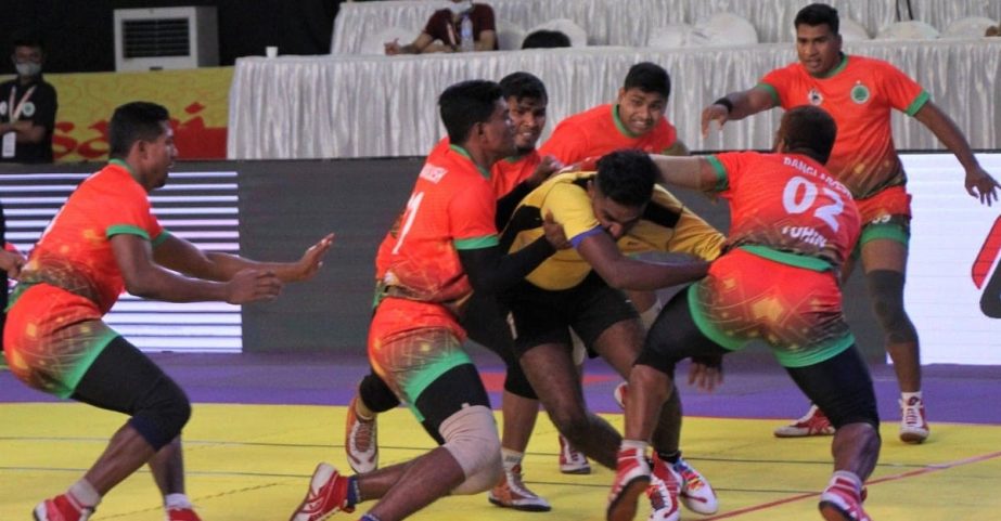 An action from the match of the 2nd Bangabandhu Cup International Kabaddi Tournament between Bangladesh and Malaysia at Shaheed Nur Hossain National Volleyball Stadium in the city on Sunday. NN photo