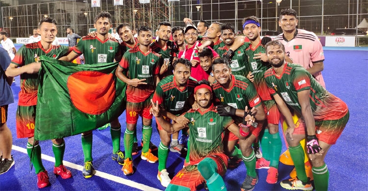 Players of Bangladesh Hockey team celebrate after beating Oman Hockey team in the final of the AHF Cup Hockey Tournament at Jakarta, the capital city of Indonesia on Sunday. Agency photo