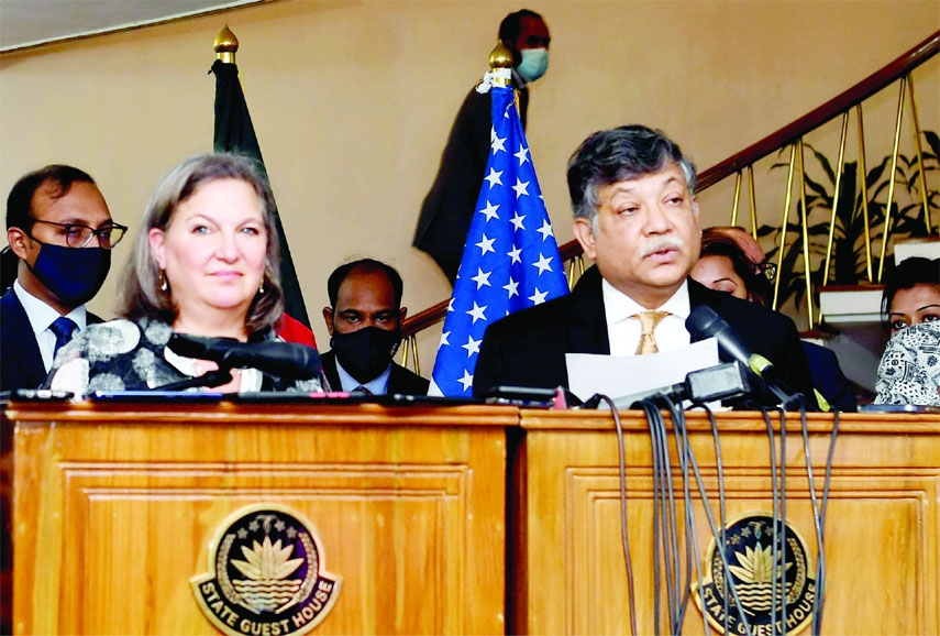 Foreign Secretary Masud Bin Momen and US Under Secretary for Political Affairs Victoria Nuland attend Meet The Press after the 8th "Partnership Dialogue"" at State guesthouse Padma on Sunday."