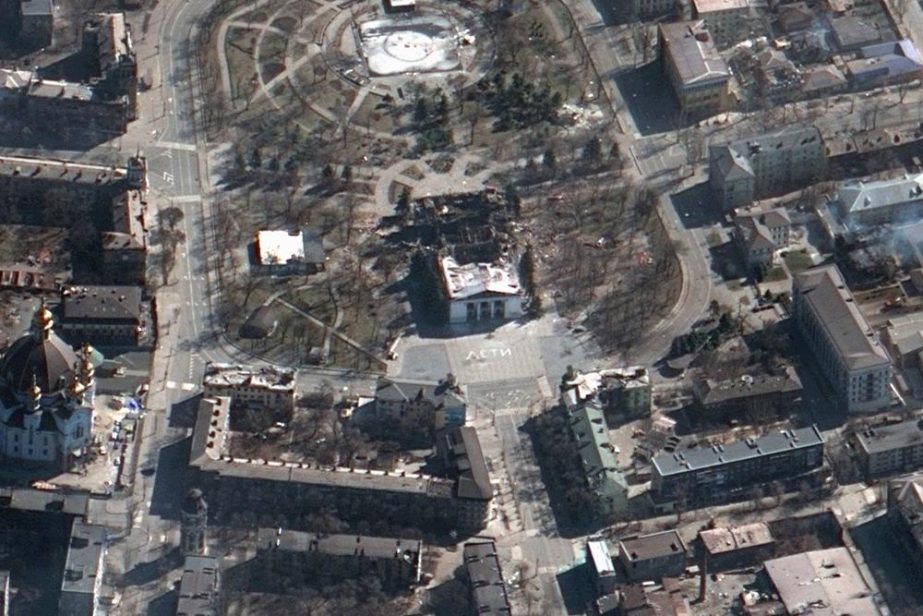 This satellite image provided by Maxar Technologies on Saturday, March 19, 2022 shows the aftermath of the airstrike on the Mariupol Drama theater, Ukraine, and the area around it.
