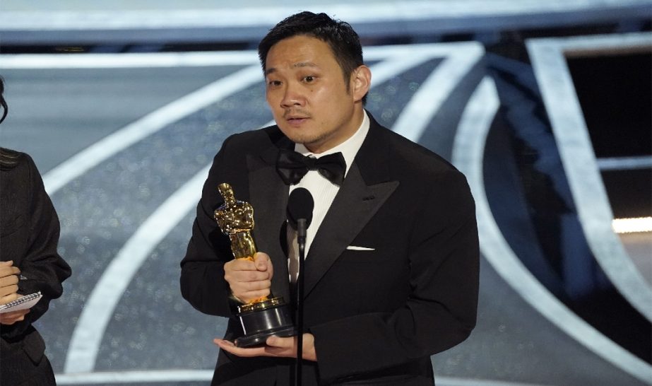 Ryusuke Hamaguchi accepts the award for "Drive My Car," from Japan, for best international feature film at the Oscars on Sunday, March 27, 2022, at the Dolby Theatre in Los Angeles.