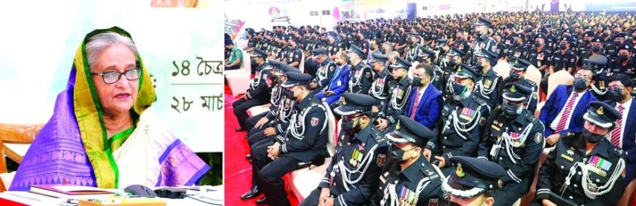 Prime Minister Sheikh Hasina speaks at a ceremony organised on the occasion of 18th founding anniversary of RAB forces at Lt. Col. Azad Memorial Hall of RAB Headquarters through video conference from Ganobhaban on Monday. PID photo