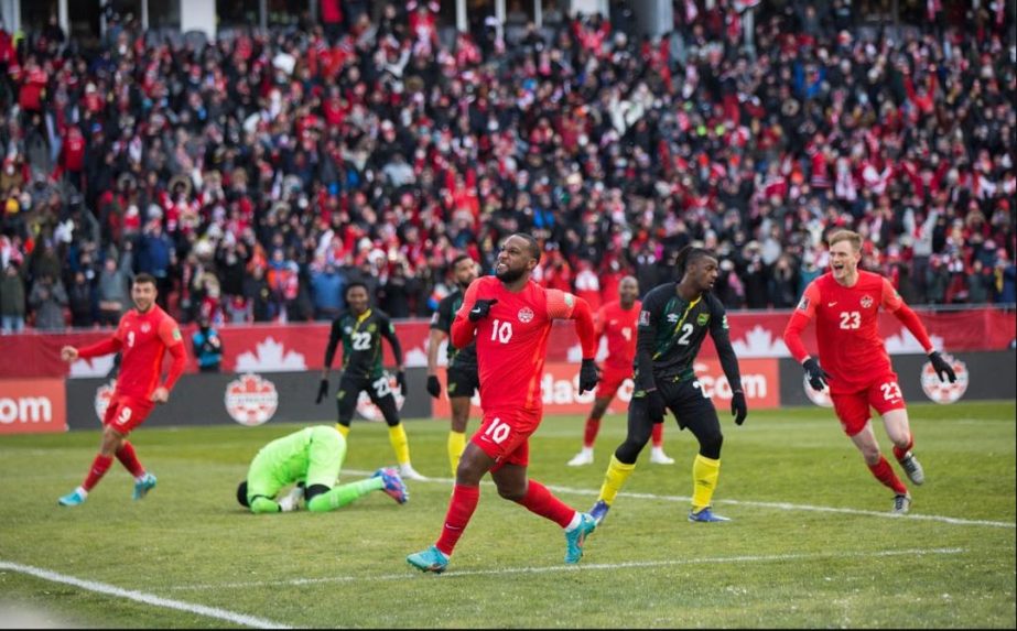 Junior Hoilett (front) of Canada celebrates scoring during the FIFA World Cup CONCACAF qualifiers match against Jamaica in Toronto, Canada on Sunday. AP photo