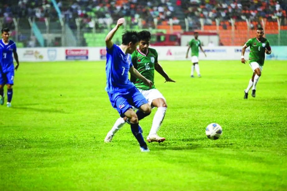 A view of the match of the FIFA International friendly between Bangladesh Football team and Mongolia Football team at Sylhet District Stadium on Tuesday. Agency photo