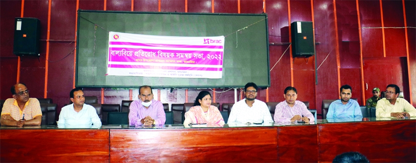 BHANDARIA (Pirojpur): Seema Rani Dhar, UNO and Poura Administrator speaks at a coordination meeting to protect child marriage at Upazila Auditorium jointly organised by Upazila Administration and BRAC on Wednesday.