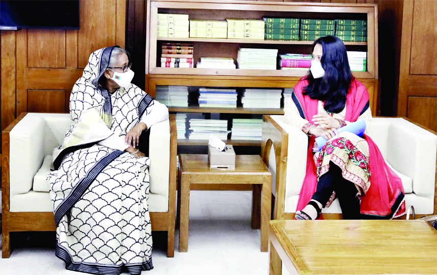 British lawmaker and UK prime minister's trade envoy Rushanara Ali pays a courtesy call on Prime Minister Sheikh Hasina at her office in the Parliament on Wednesday.