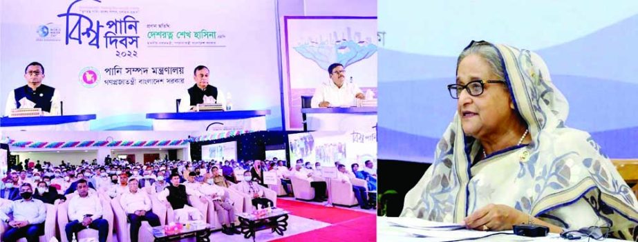 Prime Minister Sheikh Hasina speaks at a ceremony organised on the occasion of 'World Water Day-2022' at Pani Bhaban in the city through video conference from Ganabhaban on Monday. NN photo