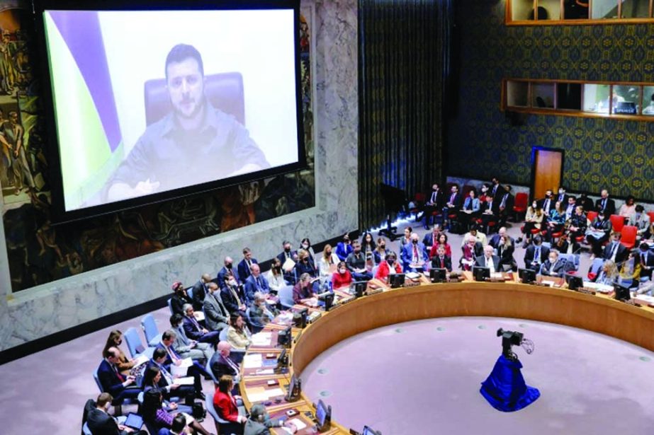 Ukrainian President Volodymyr Zelensky is seen addressing the UN Security Council by video-link on Tuesday. Agency photo