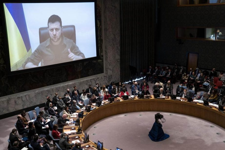 Ukrainian President Volodymyr Zelenskyy speaks via remote feed during a meeting of the UN Security Council, Tuesday, April 5, 2022, at United Nations headquarters.