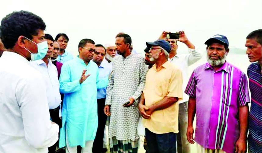 Deputy Minister for Water Resources AKM Enamul Haque Shamim visits affected river erosion areas at Dirai upazila in Sunamganj on Friday.