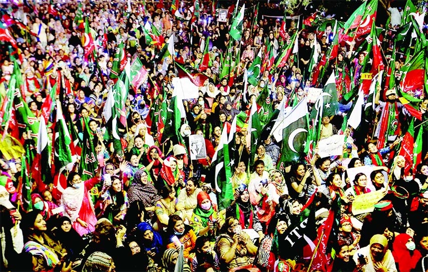 Supporters of the Pakistan Tehreek-e-Insaf (PTI) political party held rally in support of former Pakistani Prime Minister Imran Khan, after he lost no-confidence vote in the lower house of parliament, in Karachi on Sunday.