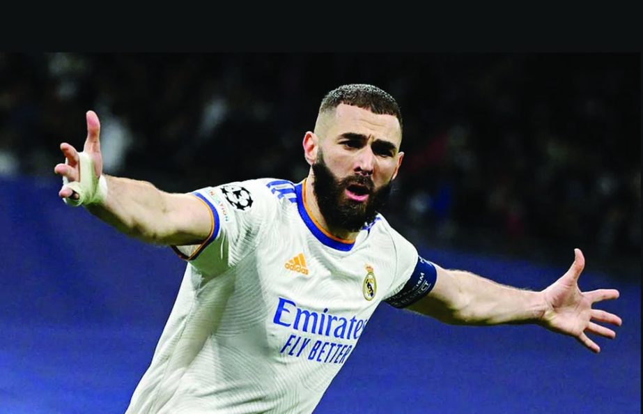 Real Madrid's forward Karim Benzema celebrates after scoring a goal during the UEFA Champions League, quarter final, second leg football match between Real Madrid CF and Chelsea FC at the Santiago Bernabeu stadium in Madrid on Tuesday. Agency photo