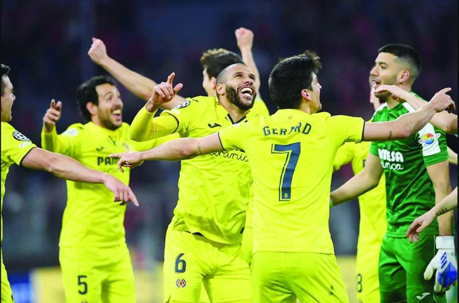Villarreal players celebrate after the UEFA Champions League, quarter-final, second leg football match between FC Bayern Munich and FC Villarreal in Munich, southern Germany on Tuesday. Agency photo