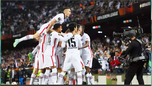 Filip Kostic of Eintracht Frankfurt celebrates with team mates after scoring their sides first goal during the UEFA Europa League quarter final leg two match between FC Barcelona and Eintracht Frankfurt at Camp Nou on Thursday.